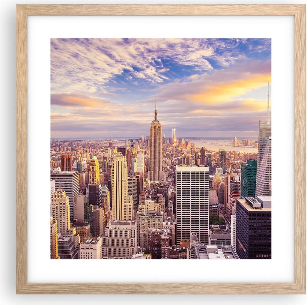 Gerahmtes Poster - Rahmen in heller Eiche - New York Stadt - 40x40 cm - Wand Bild - Wanddeko - Wandbilder - Kunstposter - Wandposter - Bilderrahmen...