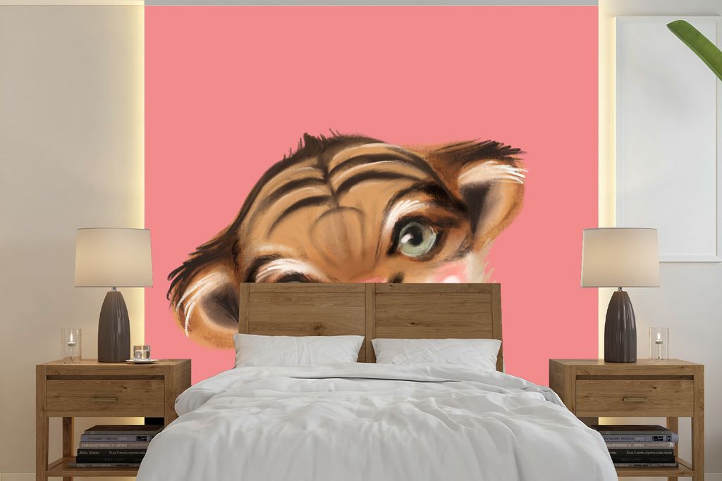 MuchoWow Fototapete für Wohnzimmer oder Schlafzimmer Wandtapete Vinyl Motivtapete Tiger - Porträt - Schleife - 280x280 cm - Hintergrundbild