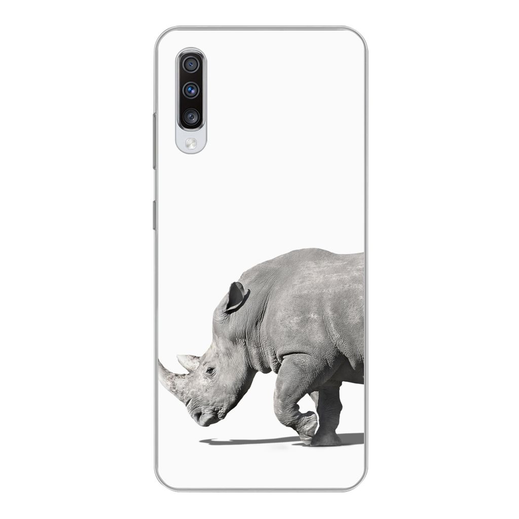 MuchoWow Handyhülle Schutzhülle Hülle für Samsung Galaxy A70 Rhinozeros - Tiere - Weiß Silikon Softcase Handy Hülle - Schutzhaube