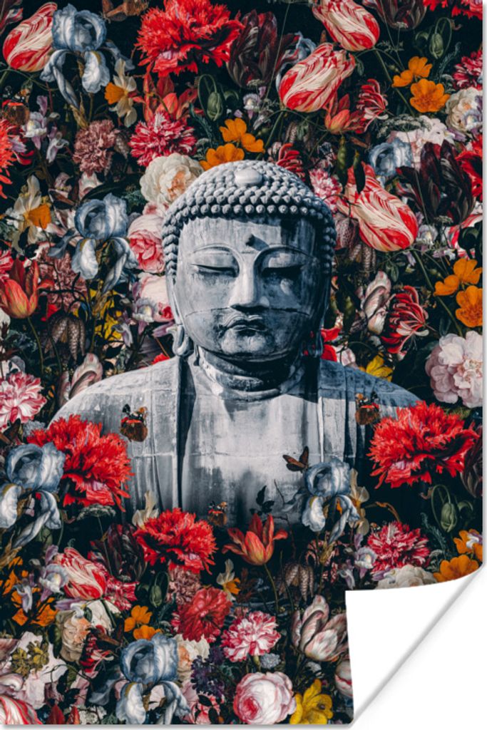 MuchoWow Poster Buddha - Bild - Blumen 80x120 cm - Papierdruck