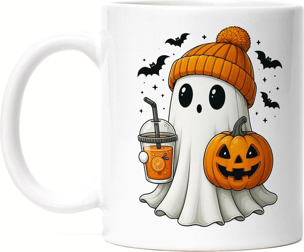 Tasse Weiß Halloween Geist mit Kürbis und Orange Drink Geschenkidee