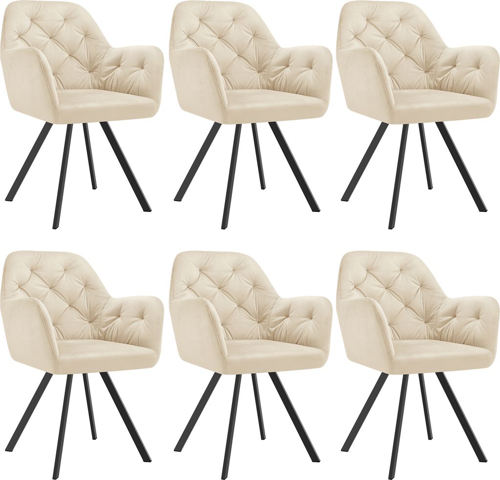 Six cream-colored velvet armchairs with tufted backs and black metal legs are arranged in two rows of three against a white background.