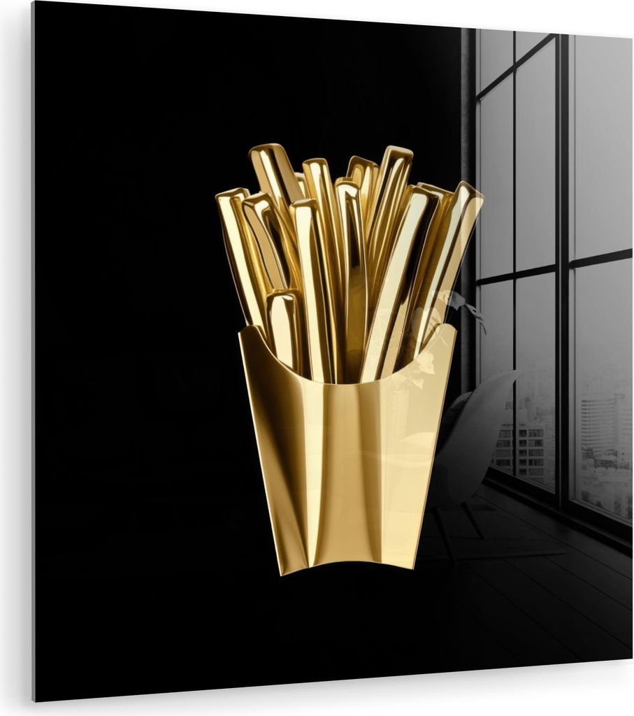 MuchoWow Glasbilder - Bilder auf Wandbild - Foto auf Glas Pommes frites - Gold - Chrom - Lebensmittel 20x20 cm Wanddekoration aus Glas - Acrylglasb...