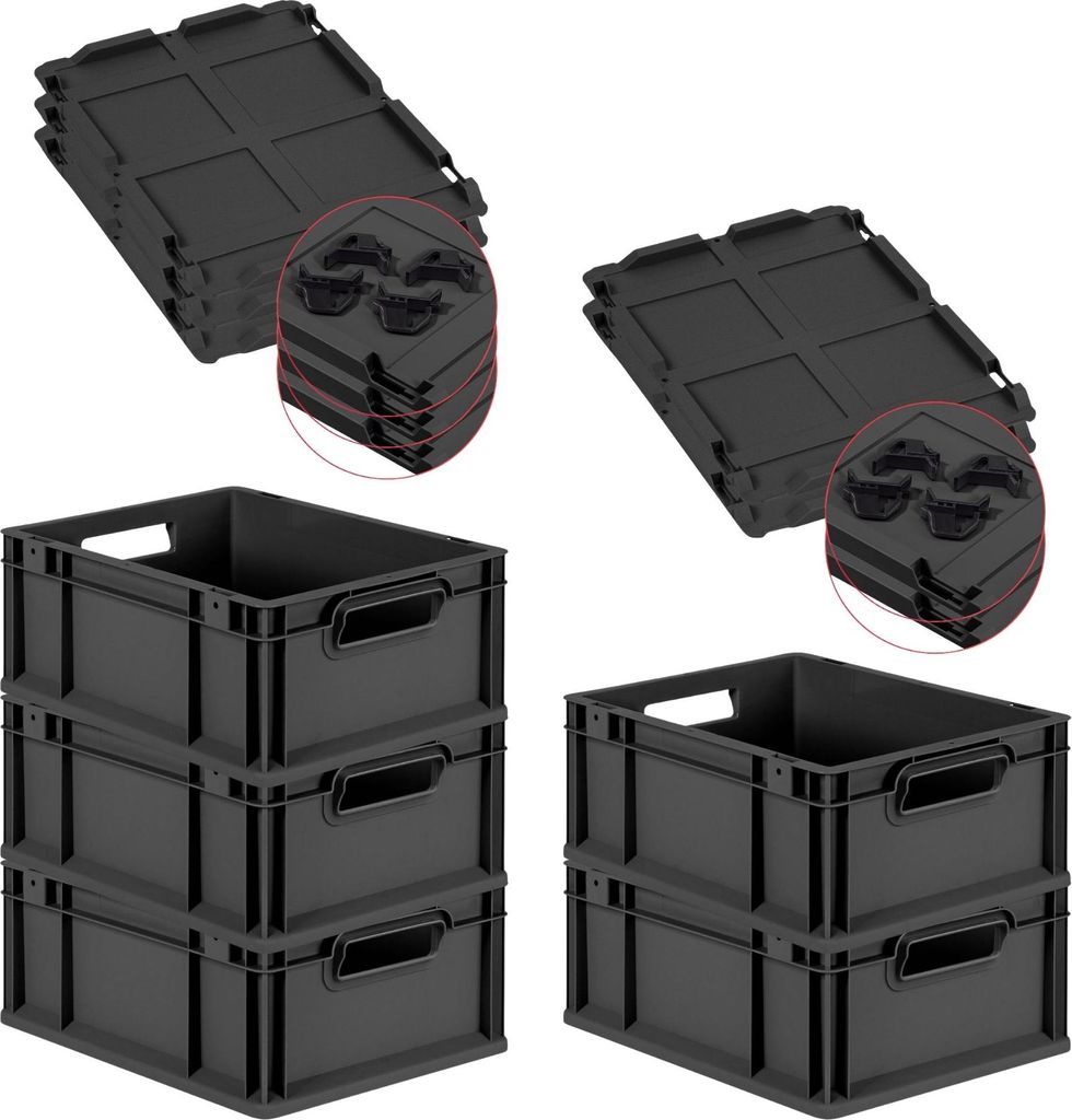 SuperSparSet 5x Eurobox NextGen Grip mit Scharnierdeckel und schwarzen Schiebeschnappverschlüssen | HxBxT 17x30x40cm | 16 Liter | Schwarz | Griffe...