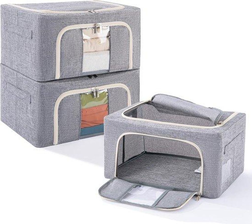 Drei Stapelboxen mit Metallrahmen, 72 Liter, stapelbare Kleiderschrank mit Kledingoslag, Box, Bergruimte, Kleiderorganizer, grau, 24 Liter