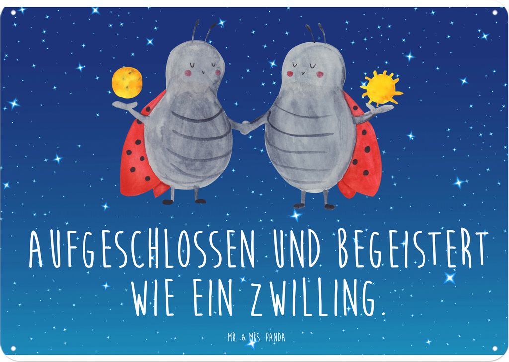 Mr. & Mrs. Panda Wandbild Sternzeichen Zwilling DIN A4 - Sternenhimmel Blau - Geschenk, Metallbild, tafel, Blechschild, wandtafel, Marienkäfer, Ge...