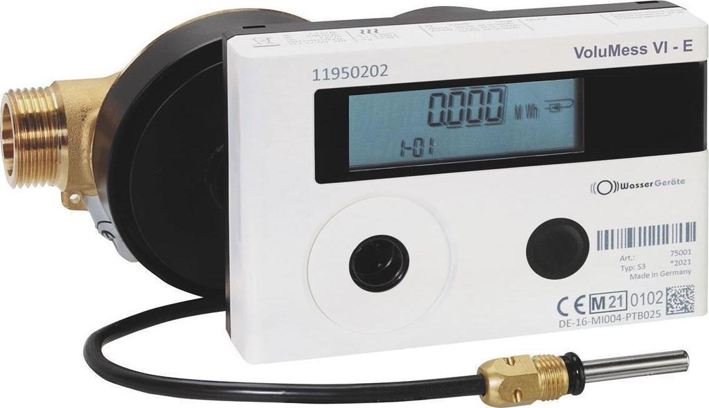 A digital water meter with a connected temperature sensor.