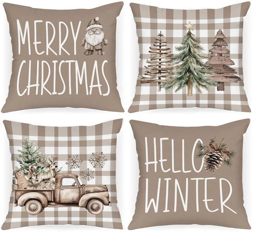 Unyqoos Set mit 4 Weihnachtskissenbezügen in Tartan und festlichen Motiven für stilvolle Dekoration