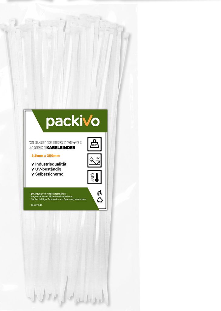 PACKIVO Profi Kabelbinder 3,6 x 250mm Weiss weiß schwarz Produktbild 