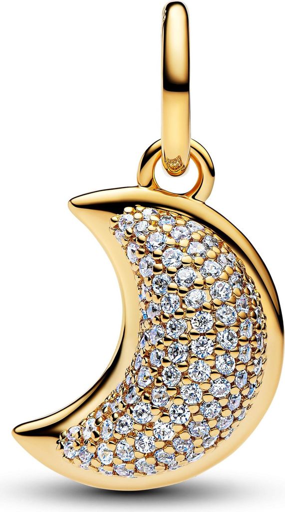 A close-up studio shot of a gold crescent moon charm encrusted with clear stones.