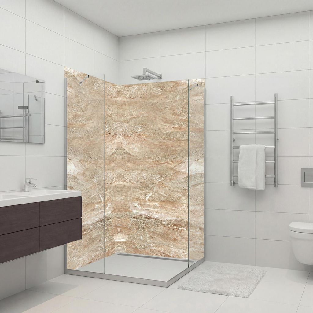 dedeco Eck-Duschrückwände Aluminium wasserfest Motiv: Marmor V3, Nano-Protect hochglänzend, 2 x 90x210x0,3cm, Fliesenersatz fugenlos Wandverklei...