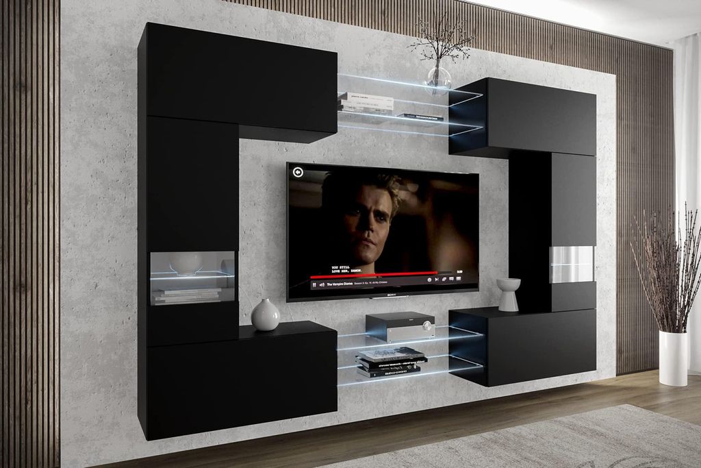 Furnitech Wohnwand Wohnzimmer - Wohnzimmer Möbel mit LED RGB - 16 Farben - Hängend Wohnwand Modern - Regale und TV Schrank (C29N-21B-M4-1B)