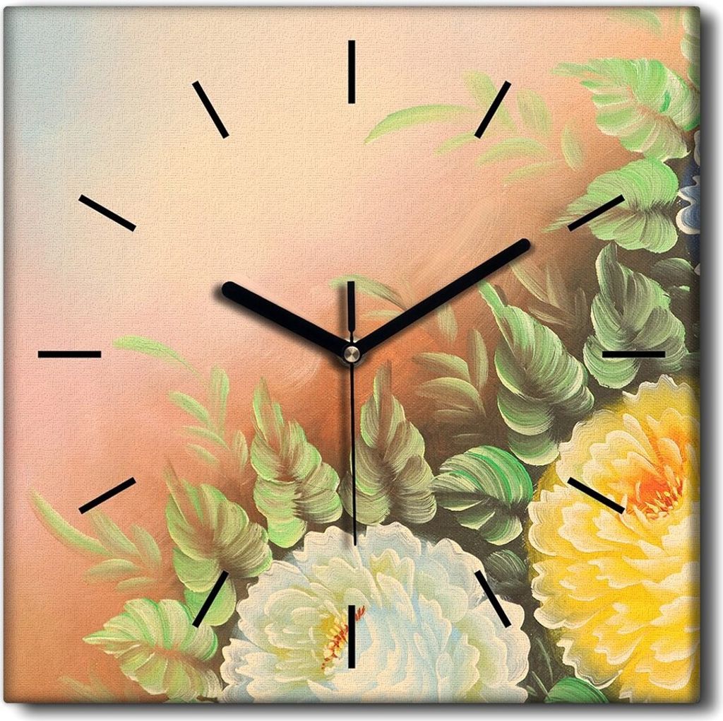 Coloray Uhr auf Leinwand 30x30 cm Wand Uhr Dekoration Wohnzimmer Segeltuch schwarze Hände -Chrysantheme-Blumen