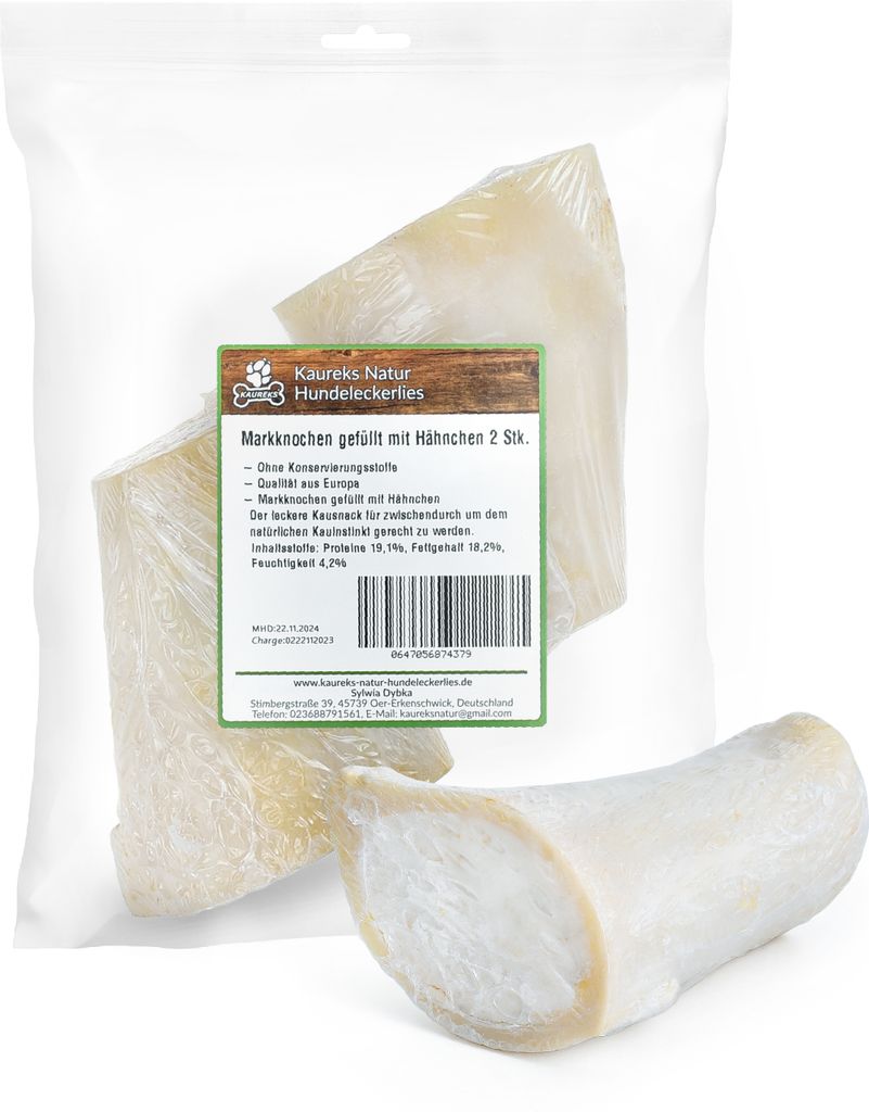 Markknochen gefüllt mit Hähnchen 2 STK. natürliche Zahnpflege für Hunde, wie Rinderknochen