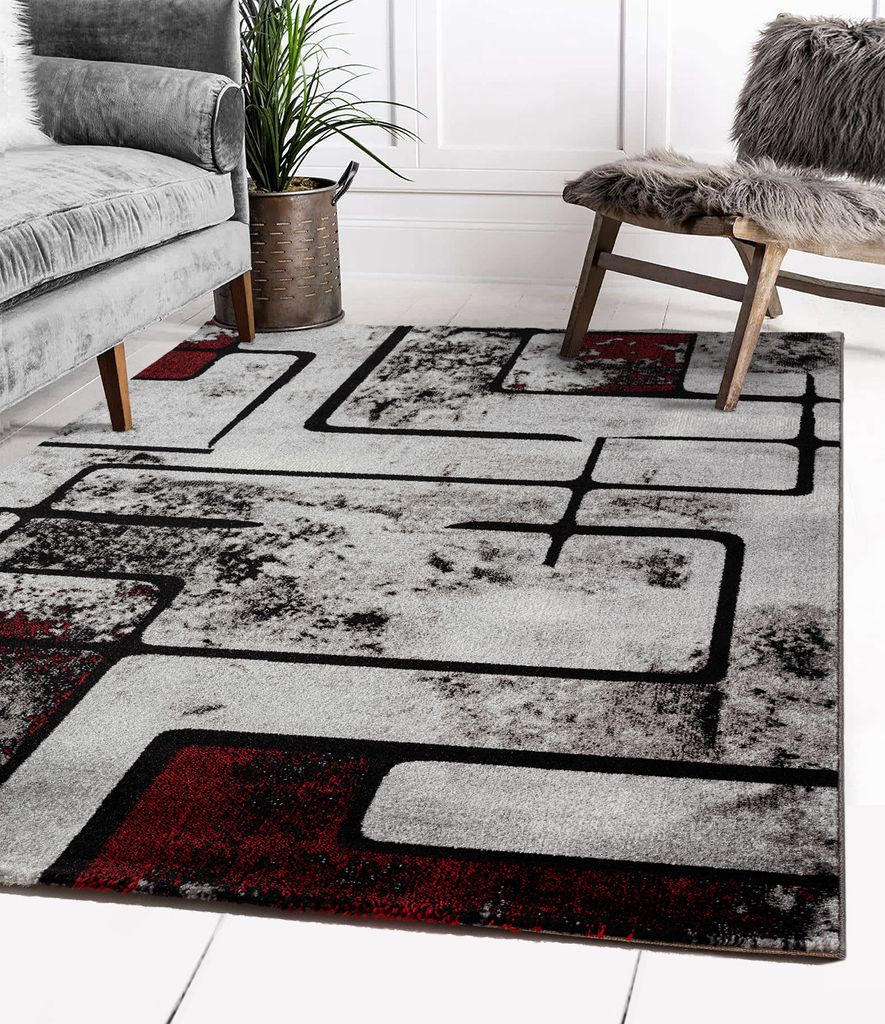 Teppich Kurzflor Modern Geometrisch Abstrakt Wohnzimmer Grau Rot Weiß 