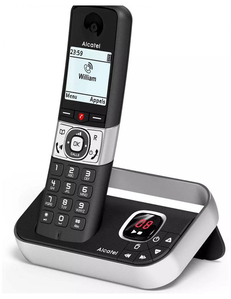 Alcatel F890, DECT-Telefon, Kabelloses Mobilteil, Freisprecheinrichtung, 200 Eintragungen, Anrufer-Identifikation, Schwarz