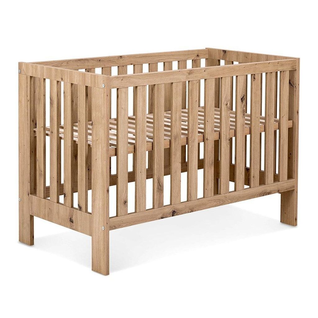 Babybett 120x60 cm Eiche Holzoptik - Modernes Kinderbett - Höhenverstellbares Gitterbett für Neugeborene & Babys