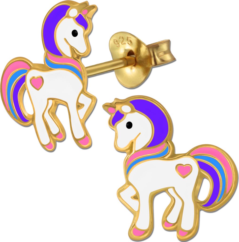 Mädchen Ohrringe 925 echt Silber Einhorn Pferde Herz Gold Produktbild 
