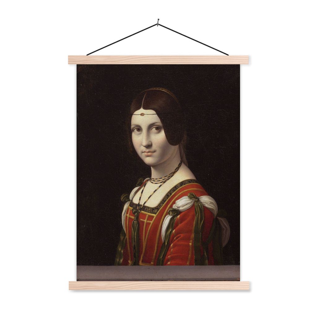 MuchoWow Textilposter La Belle Ferronnière - Leonardo da Vinci 120x160 cm mit holzfarbenen Rahmen - Plakatkarton