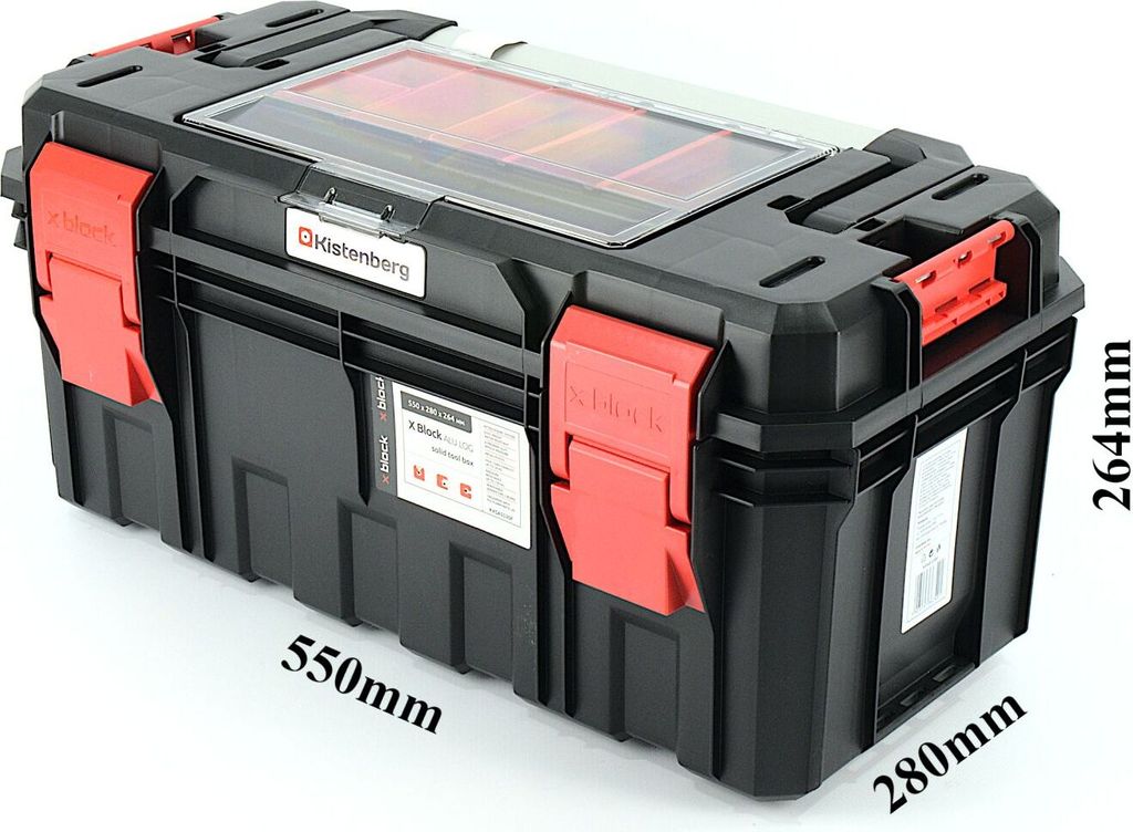 A black Kistenberg tool box with red latches and a clear lid, showing dimensions.