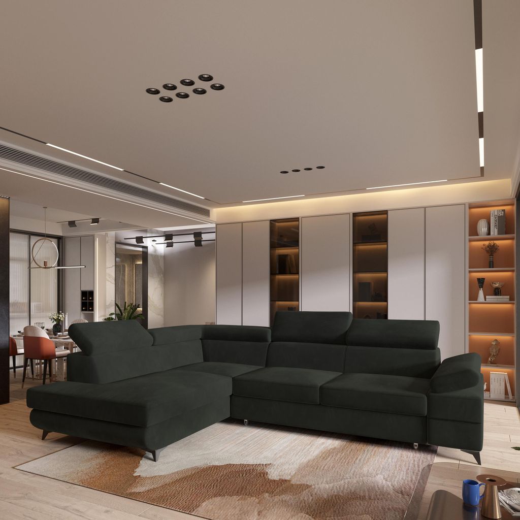 Masseno Ecksofa FAVIEN L-S mit Schlaffunktion L-Form, Sofa mit Bettkasten, Wohnzimmersofa, Couch, Soffa, Bettsofa, Couchgarnitur- Schwarz, MONOLITH 95