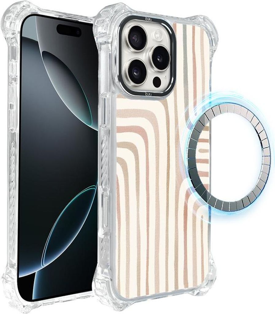 Schutzhülle für das iPhone 16 Pro Max, MagSafe-kompatibel, verstärkte Ecken, transparente Seiten, beige Streifen, im Boho-Stil