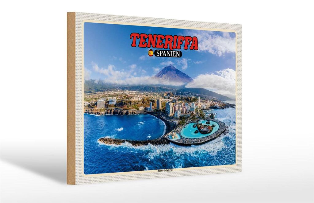 Holzschild Reise 30x20cm Teneriffa Spanien Puerto de la Cruz Berg