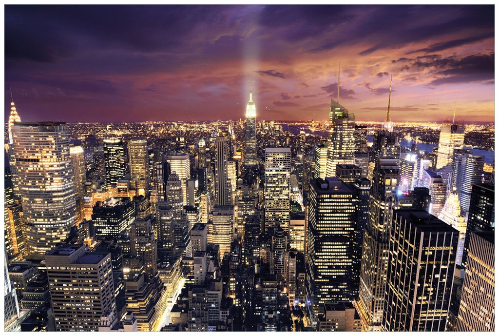 Wallario Wandbild aus Acryl, 90 x 60 cm, freischwebende Optik - New York bei Nacht - Panoramablick über die Stadt
