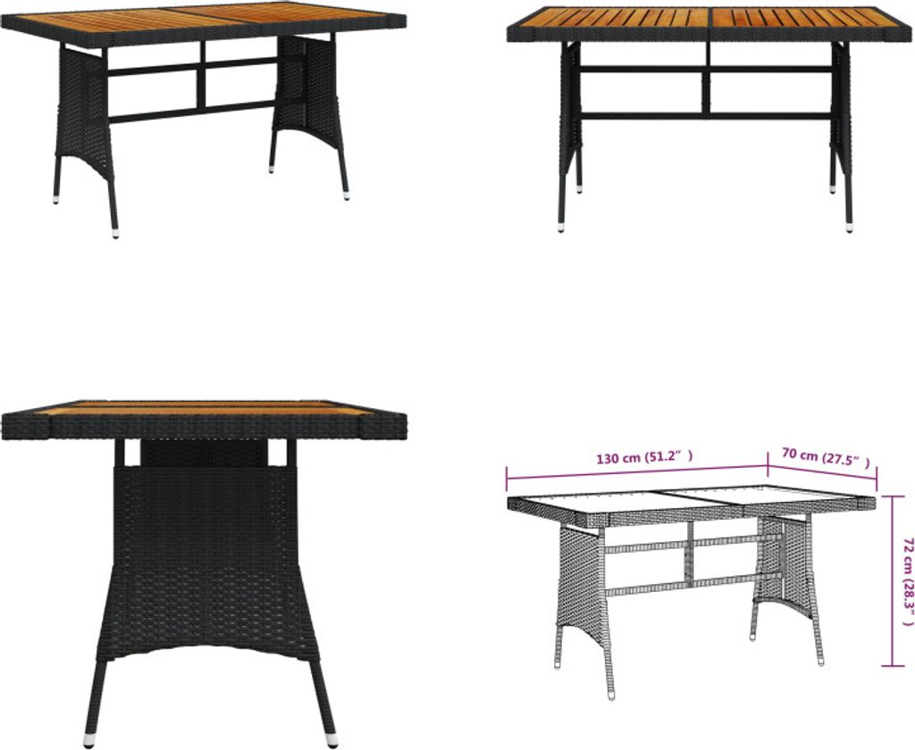 vidaXL Gartentisch Schwarz 130x70x72cm Poly Rattan & Massivholz Akazie - Gartentisch - Gartentische - Terrassentisch - Gartenmöbel