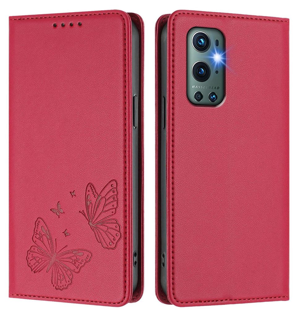 Lederhülle für OnePlus 9 Pro, Schmetterling Prägung Leder Brieftasche Schutzhülle mit Ständer Rot