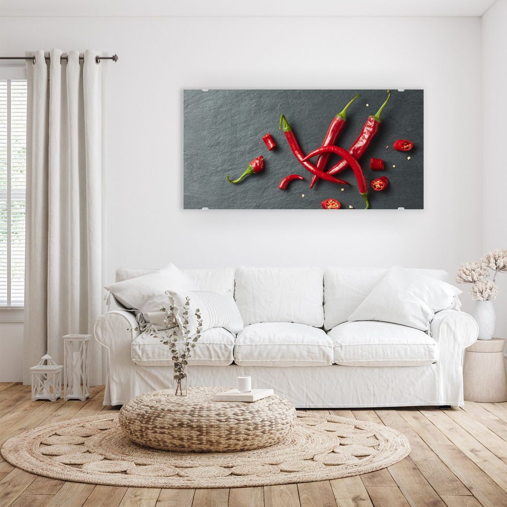 Glasbild Wandbild Chili ganz und gehackt 80x40cm in XXL für Wohnzimmer, Schlafzimmer, Badezimmer, Flur