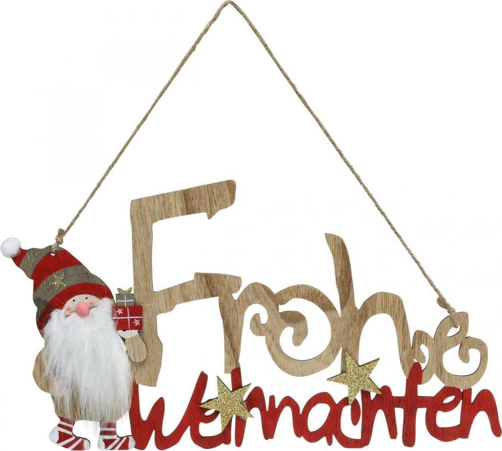 Holzschriftzug Frohe Weihnachten mit Wichtel als Fensterdekoration, 2 Stück