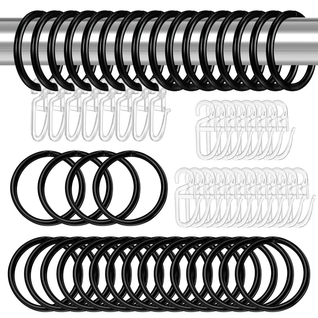 40 Metall-Gardinenringe und 40 Kunststoff-Gardinenhaken für Fenster, Türen und Duschvorhänge, 32 mm Innendurchmesser (schwarz)