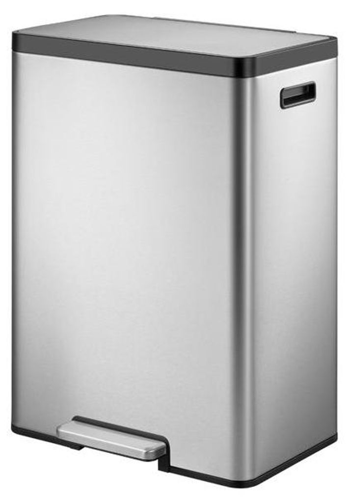 A stainless steel recycling bin with a black lid and a silver pedal.