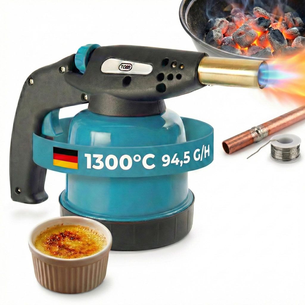 Lötbrenner Gasbrenner Bunsenbrenner | TOM GB-190 | 1300W | 94,5 g/h | Piezozündung | Kartuschen Brenner Stufenlos regulierbar