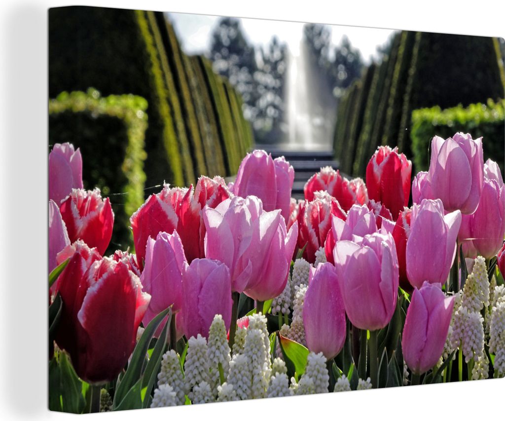 OneMillionCanvasses - Leinwandbilder - 150x100 cm, Tulpen vor einem Springbrunnen im Keukenhof in den Niederlanden, Wandbilder Kunstdruck Wanddek...