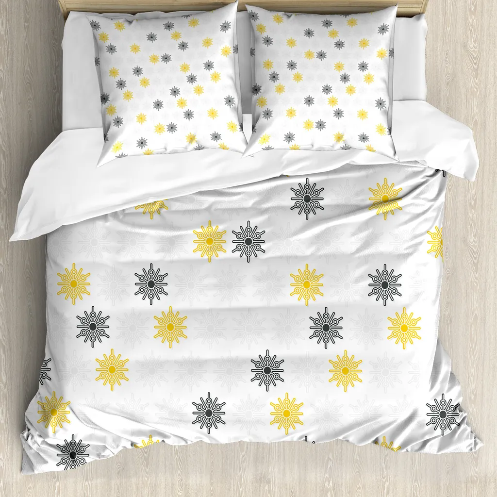 ABAKUHAUS Copripiumino grigio e giallo, pois con fiori di girasole, antiacaro, adatto a chi soffre di allergie, con federe, 200 cm x 200 cm - 80 x 80 cm, nero e grigio chiaro