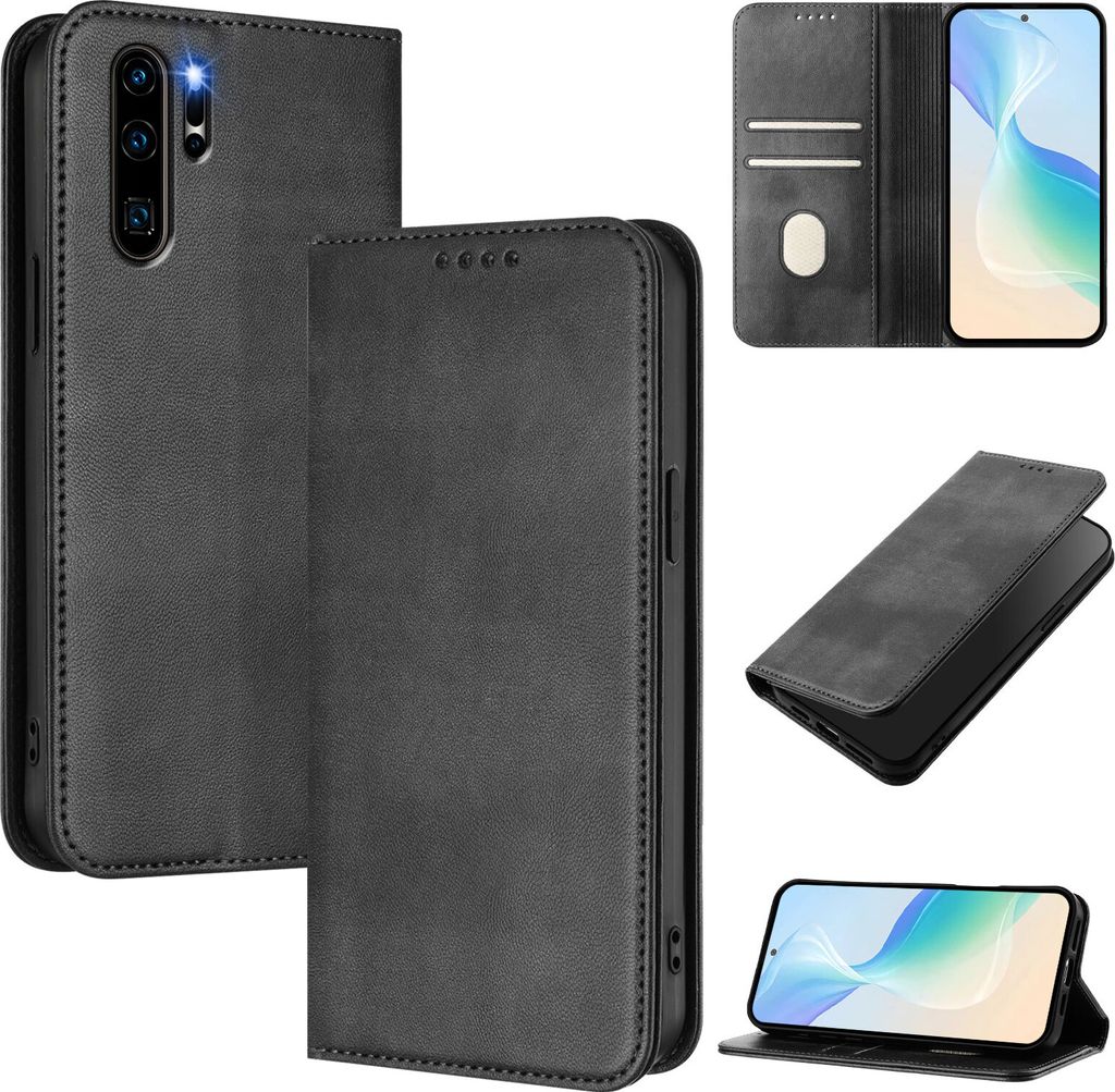 Handyhülle für Huawei P30 Pro, Vintage Leder RFID Schutz Kartenfach Standfunktion Magnetische Klapphülle Schwarz