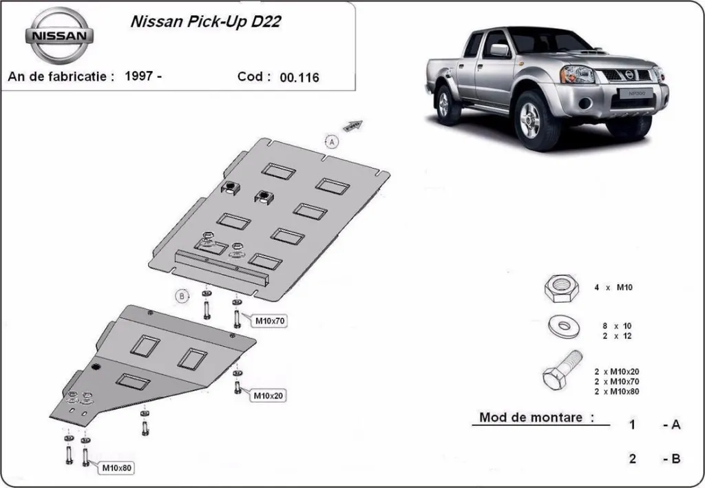 Plaque de protection boîte de vitesses Nissan D22 Acier 3mm Noir - 3