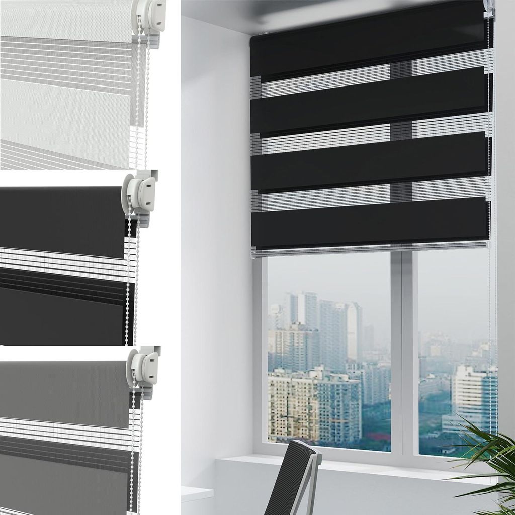 FIVMEN Doppelrollo Klemm fix ohne Bohren|Schwarz B90 x H220 cm|Duo Rollos für Fenster ohne Bohren|Sichtschutz und Sonnenschutz für Büro Wohnzimm...