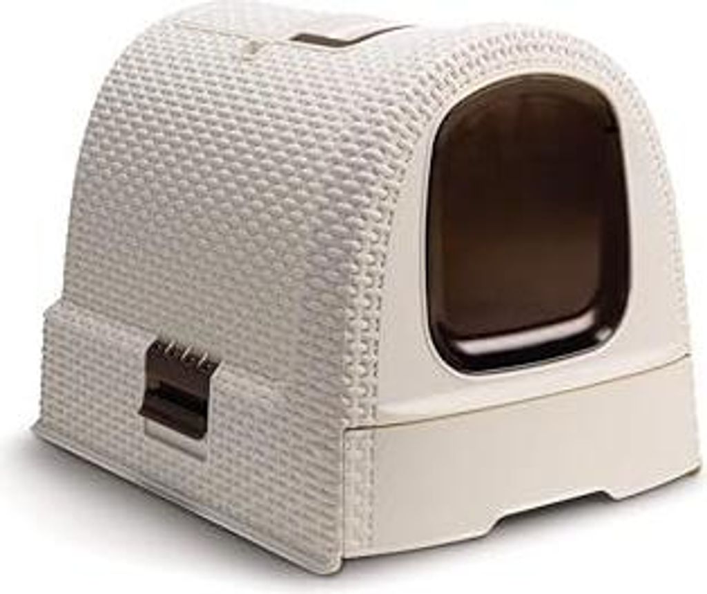 Curver petlife Katzentoilette mit Deckel, Katzenklo inklusive Schaufel, moderne Rattangeflecht-Optik, weiß, 51,5 x 38,5 x 40 cm