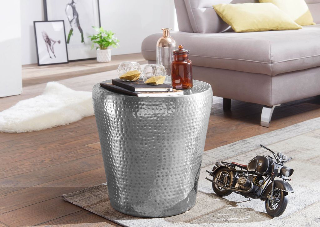 FineBuy Beistelltisch rund 41 cm Metall silber - Orientalischer Design Wohnzimmertisch Aluminium - Hammerschlag Alu kleiner Couchtisch - Dekotisch