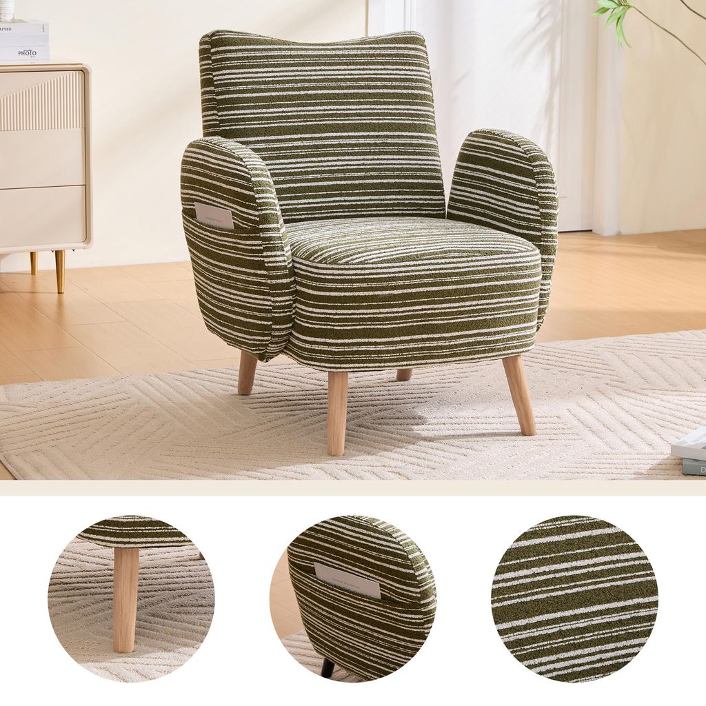 Moderner Sessel, Stoff mit Kreismuster, mit seitlicher Tasche, Beine aus Massivholz, bequemer Lesesessel, Wohnzimmer, Schlafzimmer