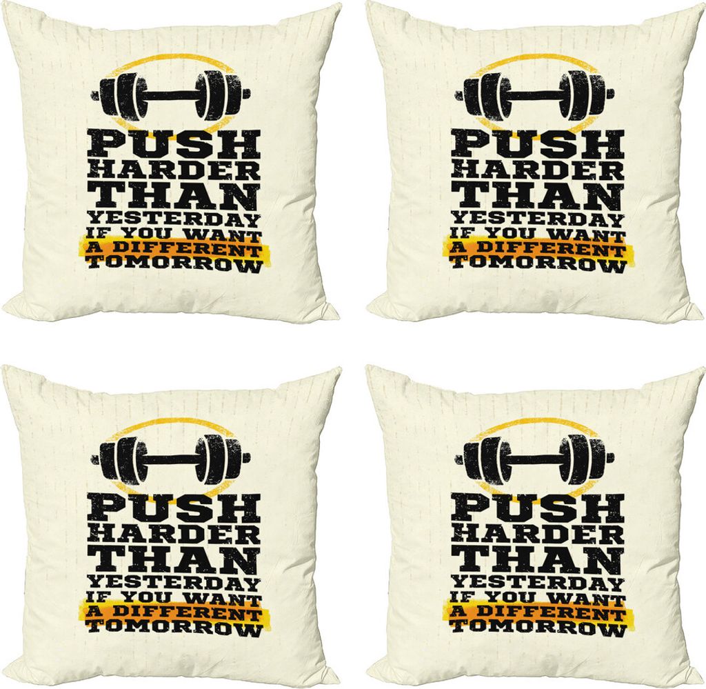 ABAKUHAUS Fitness Kissenbezug Set (4 Stück), Fester drücken Phrase, Moderner Doppelseitiger Digitaldruck, 50 cm x 50 cm, Creme-Schwarz-Gelb