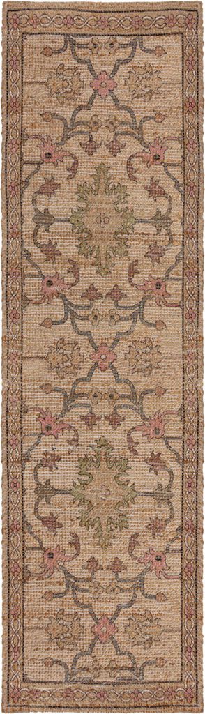 Flachgewebe Teppich mit floralem Oriental-Muster, Strapazierfähige Jute-Chenille-Mischung Rosa Läufer 60x230 | 73% Jute, 24% Polyester, 3% Baumwolle