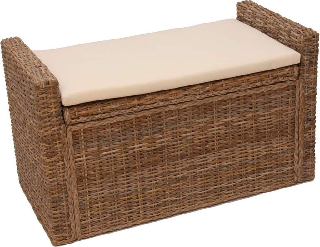 A woven storage bench with a cushion on top, shown against a white background.