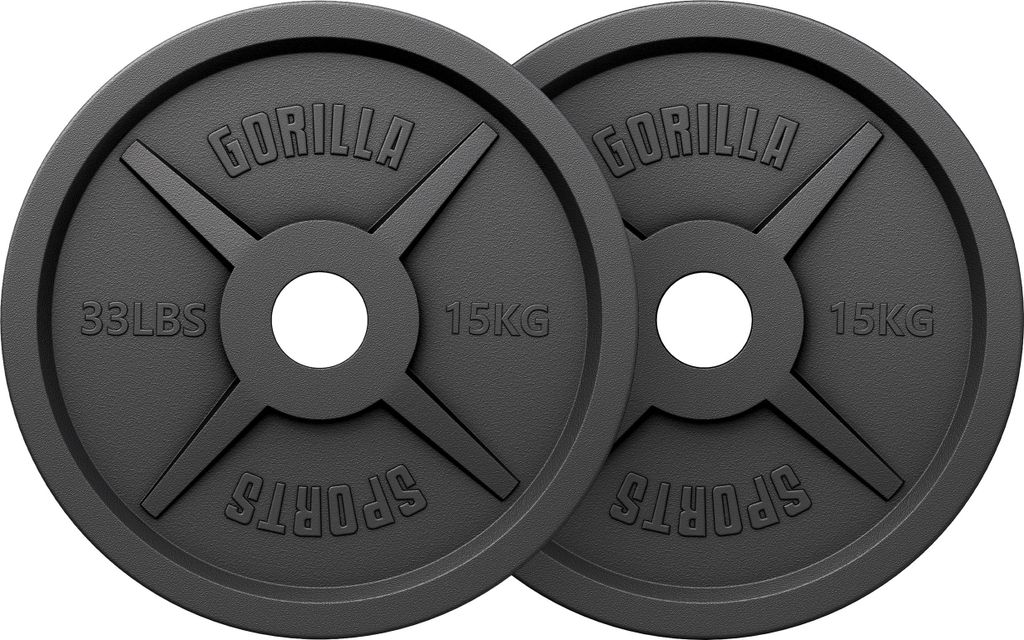 GORILLA SPORTS Olympia Hantelscheiben - Set 30kg, 2x15kg Gewichte, 50mm Bohrung, Gusseisen - Gewichtsscheiben, Hantelscheiben-Set, Hanteln