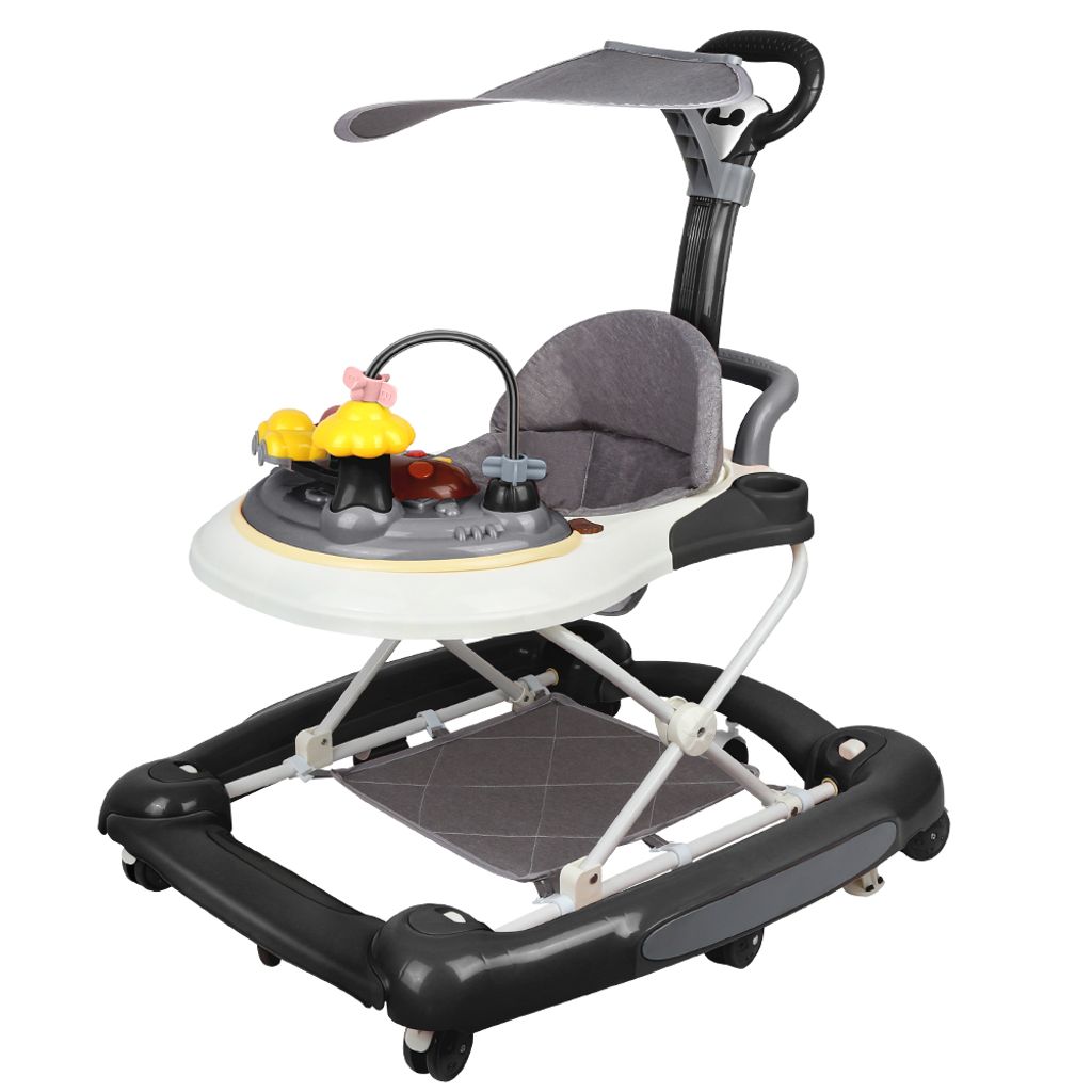 4 in 1 Lauflernhilfe mit Schubstange,Gehfrei, Babywalker Schaukelfunktion mit Musik& Sonnendach,Klappbar Laufhilfe für Baby ab 6 Monate Schwarz