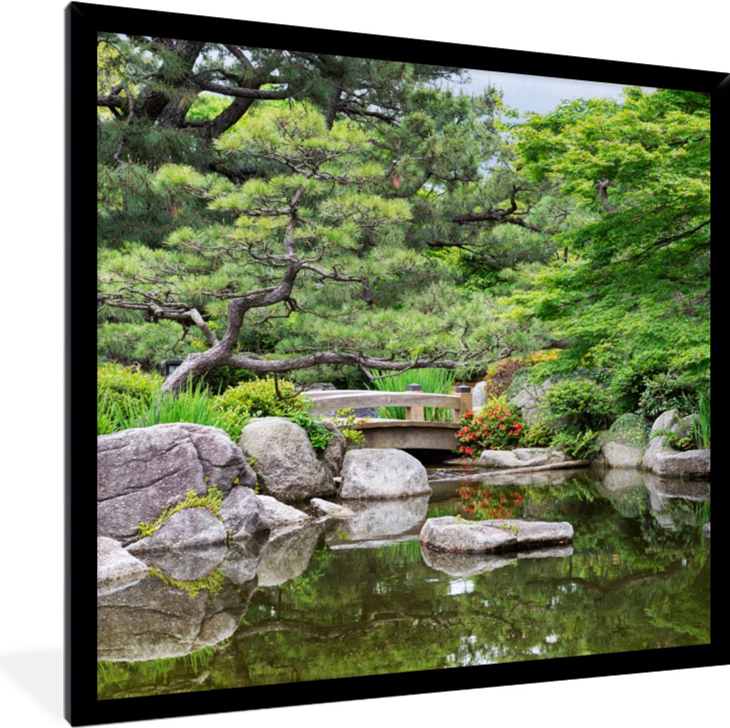 MuchoWow Gerahmtes Poster Japanisch - Natur - Wasser - Steine - Bäume 40x40 cm - Poster mit Schwarzem Bilderrahmen Wandposter Rahmen Foto Bilder...