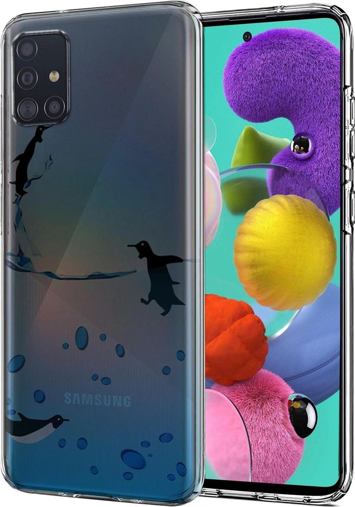 A clear phone case with a penguin design is shown on a white background, with a phone inside the case displaying a colorful abstract pattern.